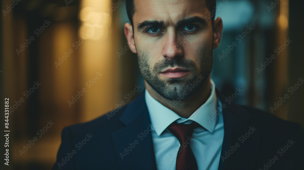 A man in a suit and tie looks straight at the camera with a serious expression. His look exudes confidence and professionalism.