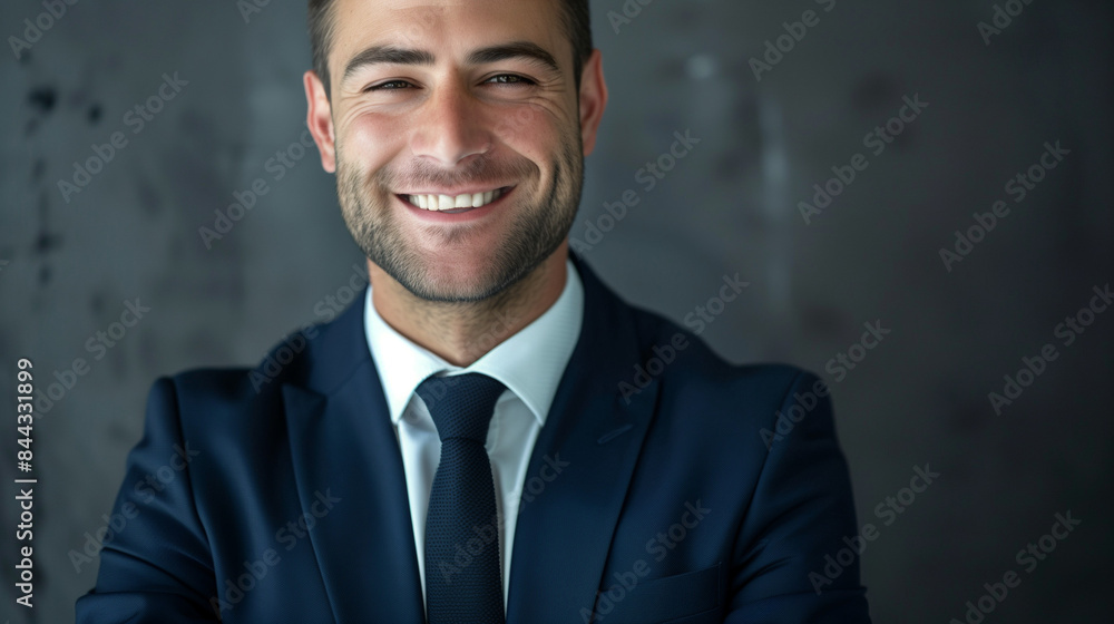 A man dressed in an elegant suit and tie smiles at the camera, adopting a confident and dignified posture. A man dressed in an elegant suit and tie smiles at the camera, adopting a confident and dignified posture.
