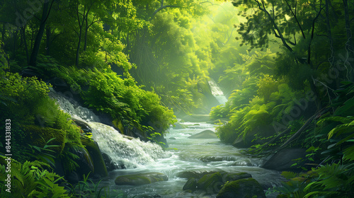 A lush, green forest with a picturesque river flowing through it. The water rustles gently, adding charm and peace to the landscape, and the dense vegetation creates an idyllic, natural paradise.
