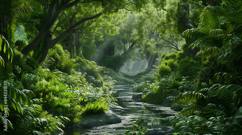 A lush, green forest with a picturesque river flowing through it. The water rustles gently, adding charm and peace to the landscape, and the dense vegetation creates an idyllic, natural paradise.