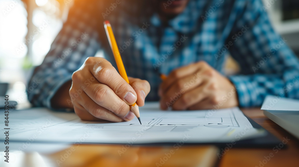 The man in the painting is concentrating on drawing a plan with a pencil on a piece of paper. His commitment and focus suggest that this is an important task requiring precision. The man in the painting is concentrating on drawing a plan with a pencil on a piece of paper. His commitment and focus suggest that this is an important task requiring precision.