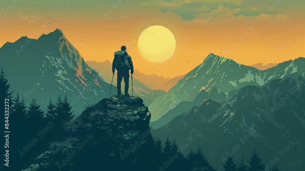 Fototapeta premium A man is standing on a mountain top, looking out at the sun