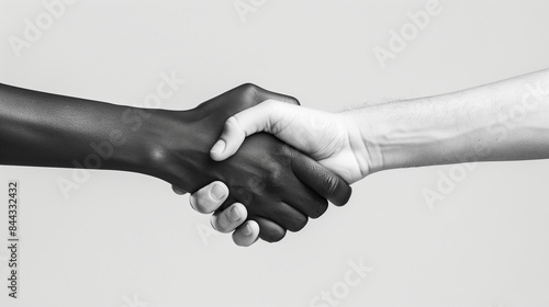 Two hands, one black, the other white, holding hands in an embrace. This symbolic gesture can represent unity, solidarity or reconciliation, regardless of cultural or ideological differences.