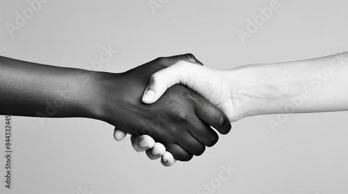 Two hands, one black, the other white, holding hands in an embrace. This symbolic gesture can represent unity, solidarity or reconciliation, regardless of cultural or ideological differences. photo
