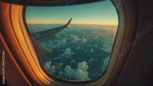 Point of View window plane inside of commercial plane and we can see wing of plane