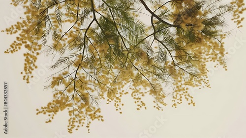 Branch with flowers mimosa on light background top view photo