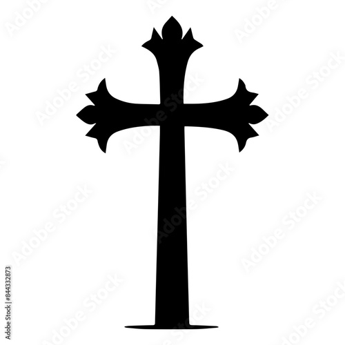 A black silhouette of a Christian cross with ornate designs