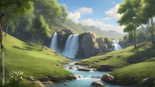 A tranquil waterfall flowing through a peaceful meadow, its gentle sounds lulling you into a state of relaxation. photo