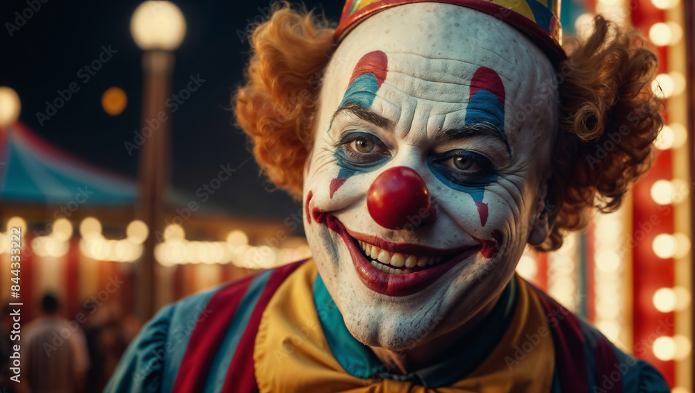 Ritratto di un pagliaccio in un circo di sera con sfondo di luci colorate