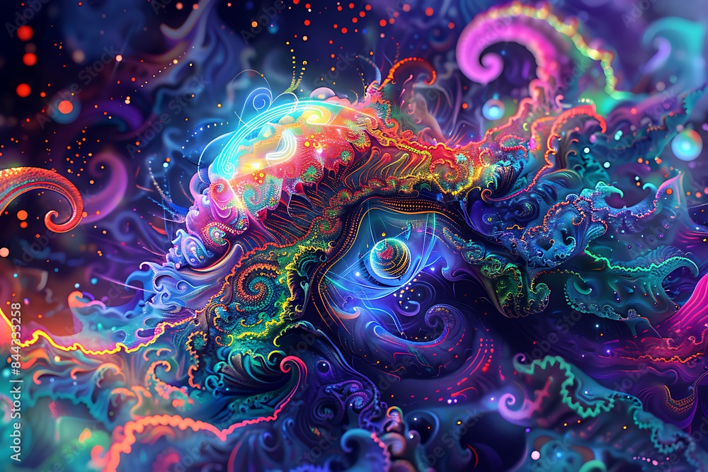 Psychedelic art featuring vibrant colors, abstract patterns, and surreal imagery, creating a mesmerizing and mind-bending visual experience Psychedelic art featuring vibrant colors, abstract patterns, and surreal imagery, creating a mesmerizing and mind-bending visual experience