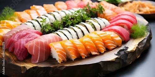 Variety of Sushi Rolls and Classic Nigiri Platter featuring Fresh Raw Fish Slices. Concept Sushi Rolls, Nigiri Platter, Fresh Fish, Japanese Cuisine, Seafood Options