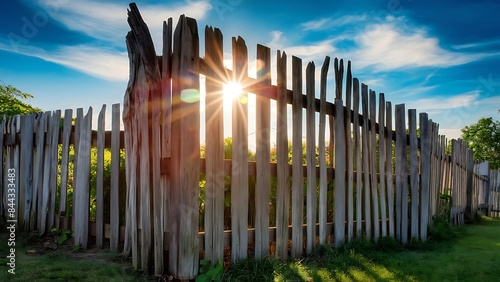 Old shabby wooden fence with lens flare sunn