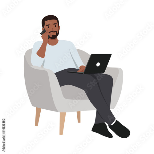 Young man working online from home, sitting in comfy armchair. Flat vector illustration isolated on white background