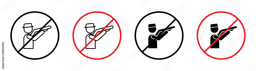 This stop hunting sign forbids hunting activities, featuring a prohibition symbol, safety warning, and vector icon for animal protection. This stop hunting sign forbids hunting activities, featuring a prohibition symbol, safety warning, and vector icon for animal protection.