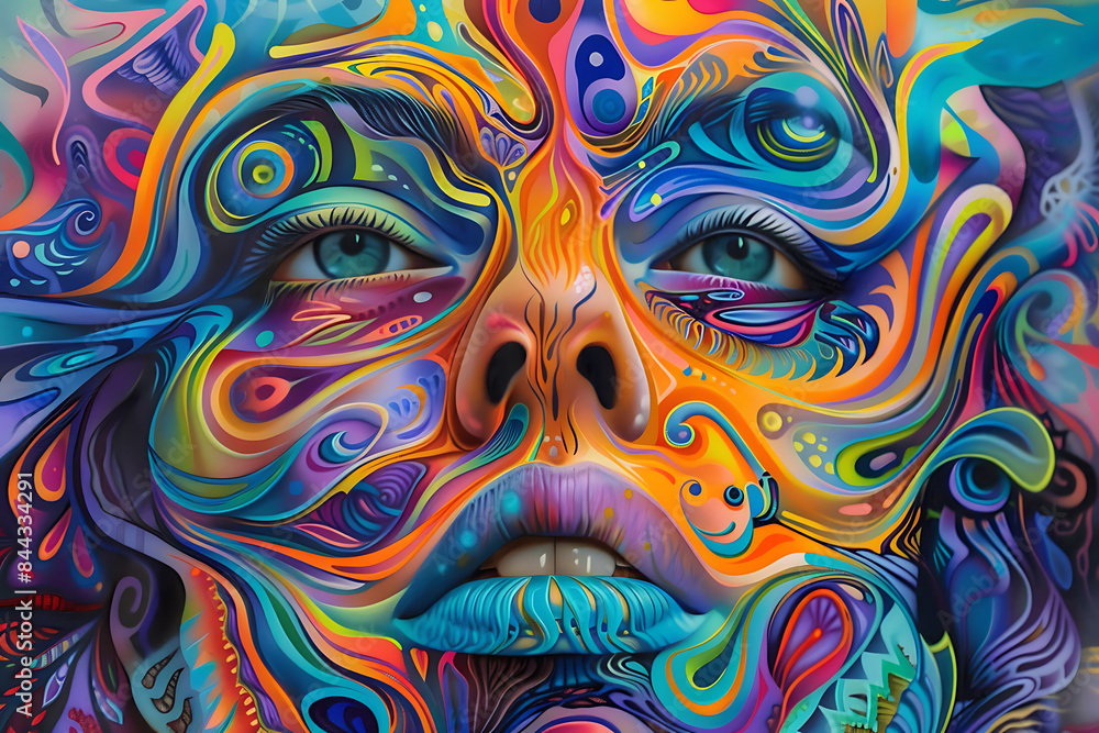 Psychedelic art featuring vibrant colors, abstract patterns, and surreal imagery, creating a mesmerizing and mind-bending visual experience Psychedelic art featuring vibrant colors, abstract patterns, and surreal imagery, creating a mesmerizing and mind-bending visual experience