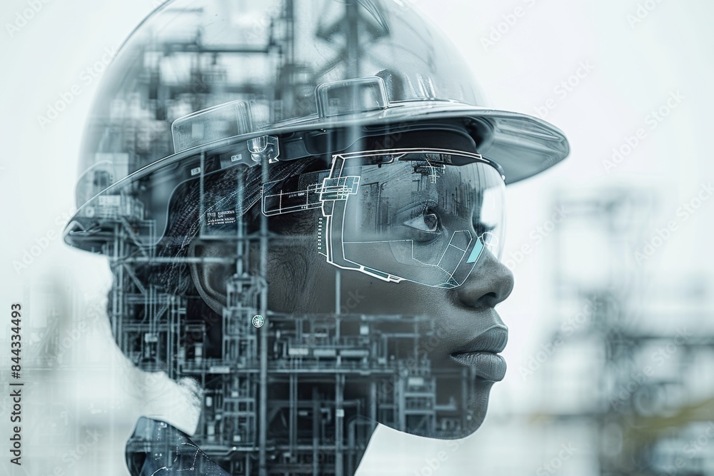 Double exposure of a factory worker intertwined with automated machinery, emphasizing industrial automation and productivity Double exposure of a factory worker intertwined with automated machinery, emphasizing industrial automation and productivity