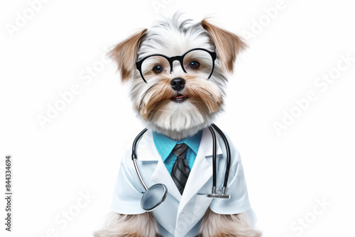 dog dressed up as a doctor with a stethoscope around his neck