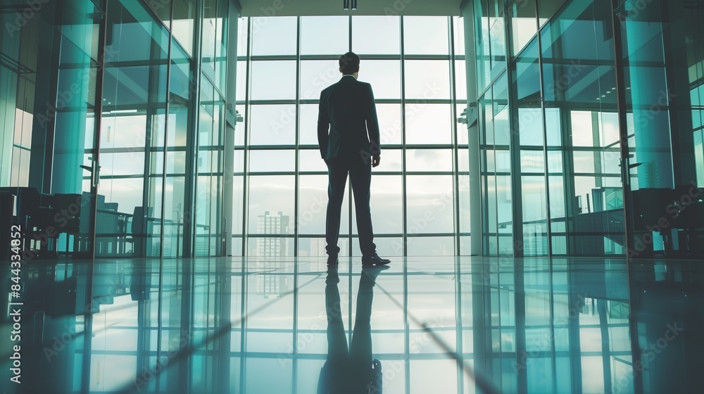 A man in a sleek suit stands in a high-tech office with floor-to-ceiling windows, exuding corporate power. A man in a sleek suit stands in a high-tech office with floor-to-ceiling windows, exuding corporate power.