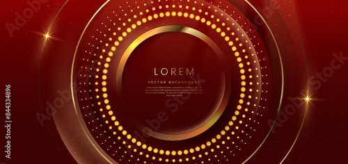 Gold circle frame luxury on red elegant background with lighting effect and sparkle with copy space for text. Luxury design style.