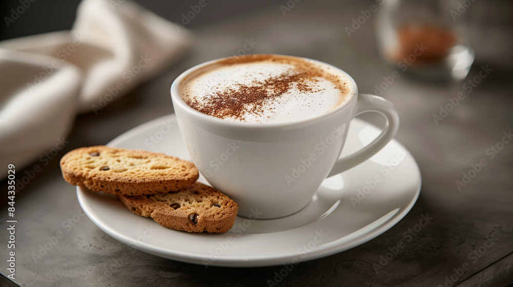 A creamy Cappuccino with a perfect layer of frothy milk, served in a white cup with a saucer and a side of biscotti