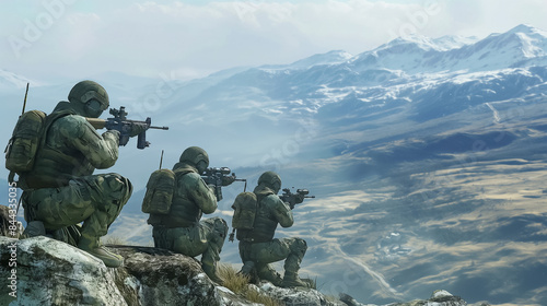 Strategic High Ground, Armed Soldiers in Position Overlooking a Mountainous Terrain Ready for Tactical Operations photo
