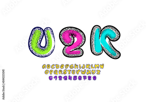 Graffiti spray font, inflated alphabet, street city hand-drawn typeface, brush paint texture letters and numbers made mural style, vector illustration 10EPS