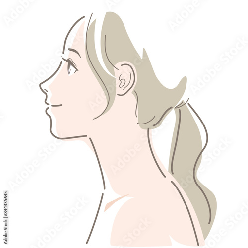 Side view of young woman with long hair tied in a ponytail.  Vector illustration in line drawing, isolated on white background.