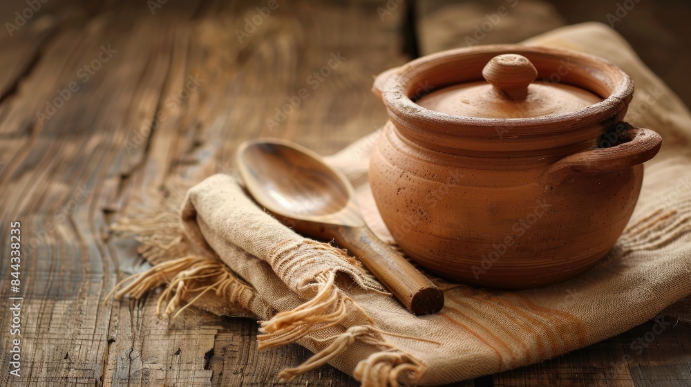 Rural arrangement Clay pot spoon and dish on fabric napkin Wooden backdrop with soft color Rural arrangement Clay pot spoon and dish on fabric napkin Wooden backdrop with soft color