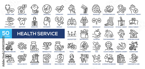 Health Service icon collection line style. primary care, emergency care, pediatrics, obstetrics,  and cardiology