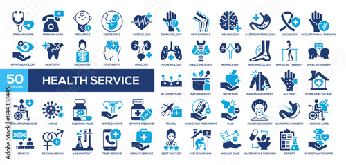 Health Service icon collection Glyph Color Style. primary care, emergency care, pediatrics, obstetrics,  and cardiology