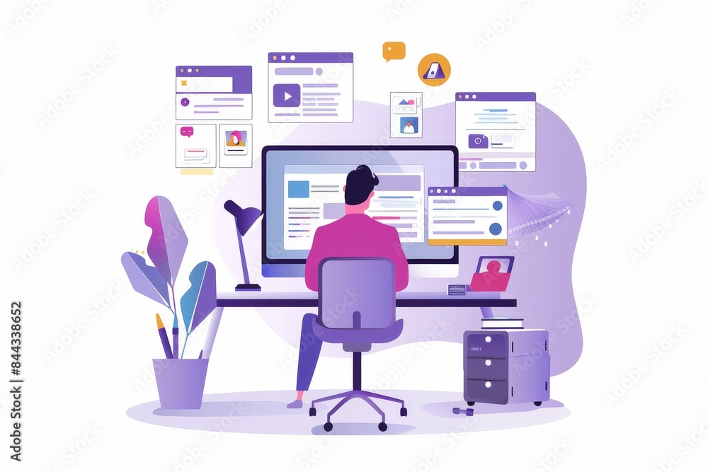A social media manager scheduling posts on a desktop computer with various tools open A social media manager scheduling posts on a desktop computer with various tools open