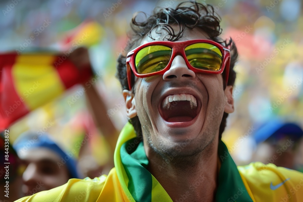 A male soccer fan clad in Brazil's colors is cheering vocally in a crowded stadium A male soccer fan clad in Brazil's colors is cheering vocally in a crowded stadium