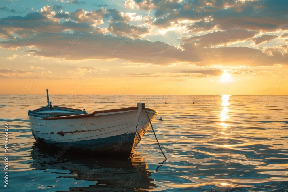 A serene sunset scene with a single boat floating on calm sea waters under a vibrant cloudy sky A serene sunset scene with a single boat floating on calm sea waters under a vibrant cloudy sky