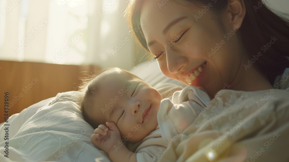 A close-up shot of a smiling Asian mother gently cradling her sleeping newborn baby on a cozy bed, with soft sunlight filtering through the window in the background. Ai generated A close-up shot of a smiling Asian mother gently cradling her sleeping newborn baby on a cozy bed, with soft sunlight filtering through the window in the background. Ai generated