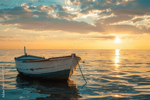 A serene sunset scene with a single boat floating on calm sea waters under a vibrant cloudy sky