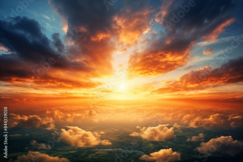 Beautiful dramatic sky at sunset, with cumulus clouds, aerial view, picturesque abstract background