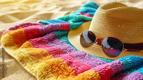 A close-up shot of a colorful beach towel spread out on golden sand, with sunglasses and a straw hat placed on top. Ai generated