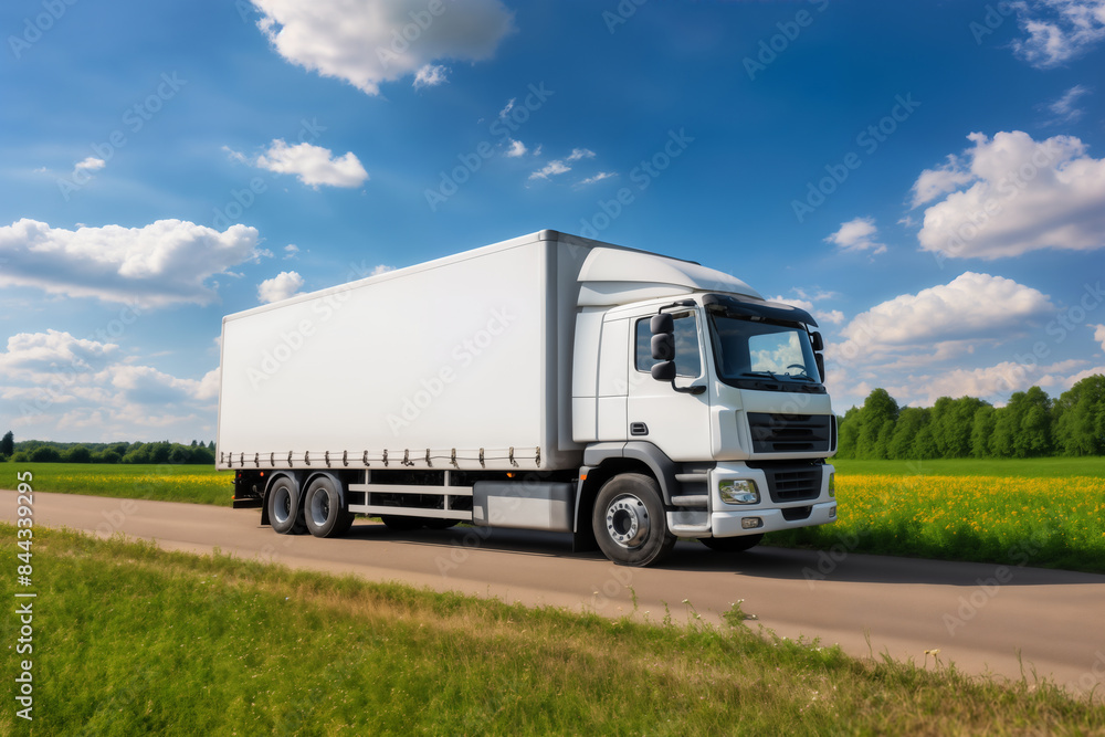 A white truck is driving on the road against the background of a summer landscape A white truck is driving on the road against the background of a summer landscape