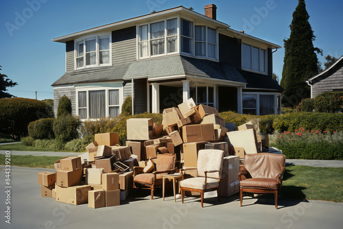 a bunch of boxes, suitcases, furniture and things on a street in front of a house, as a concept for moving to another apartment © soleg