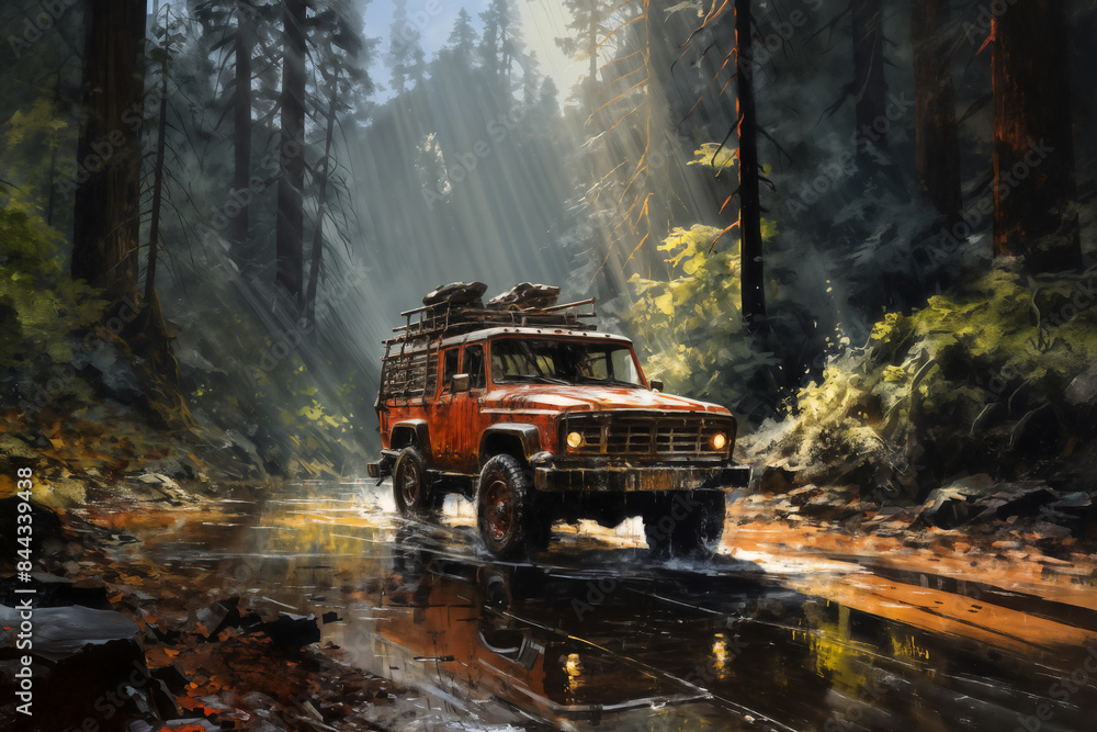 an expedition SUV on the shore of a lake, against the backdrop of mountains and a beautiful dramatic landscape an expedition SUV on the shore of a lake, against the backdrop of mountains and a beautiful dramatic landscape