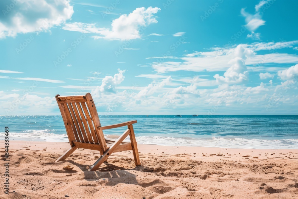 A solitary wooden chair invites peaceful contemplation while facing the expansive ocean on a clear sandy beach with blue skies A solitary wooden chair invites peaceful contemplation while facing the expansive ocean on a clear sandy beach with blue skies