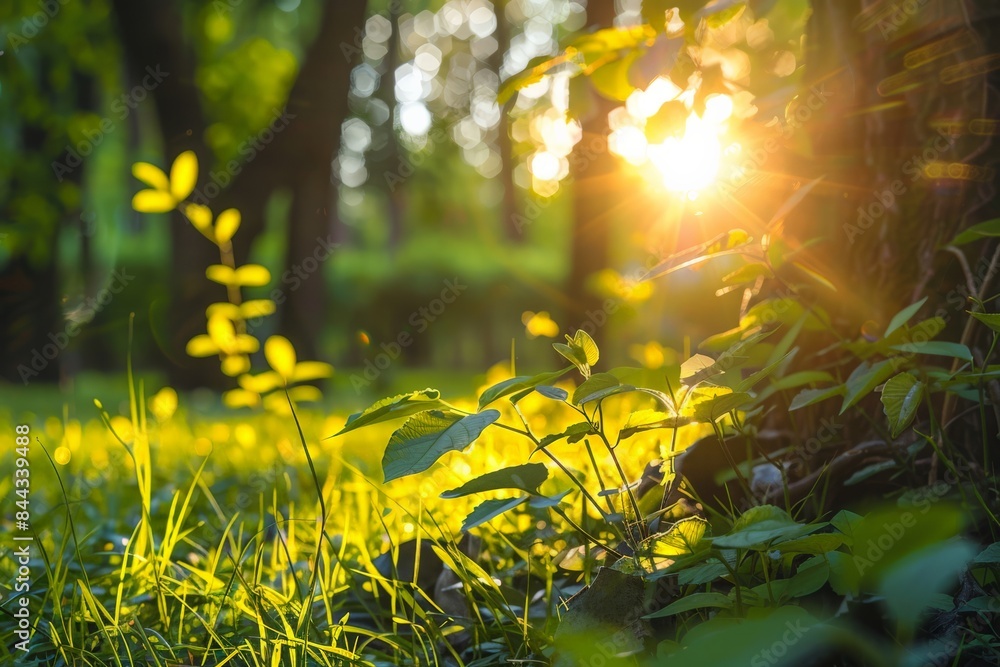 Obraz premium A serene woodland scene with warm sunlight filtering through green leaves, casting dappled light across the forest floor