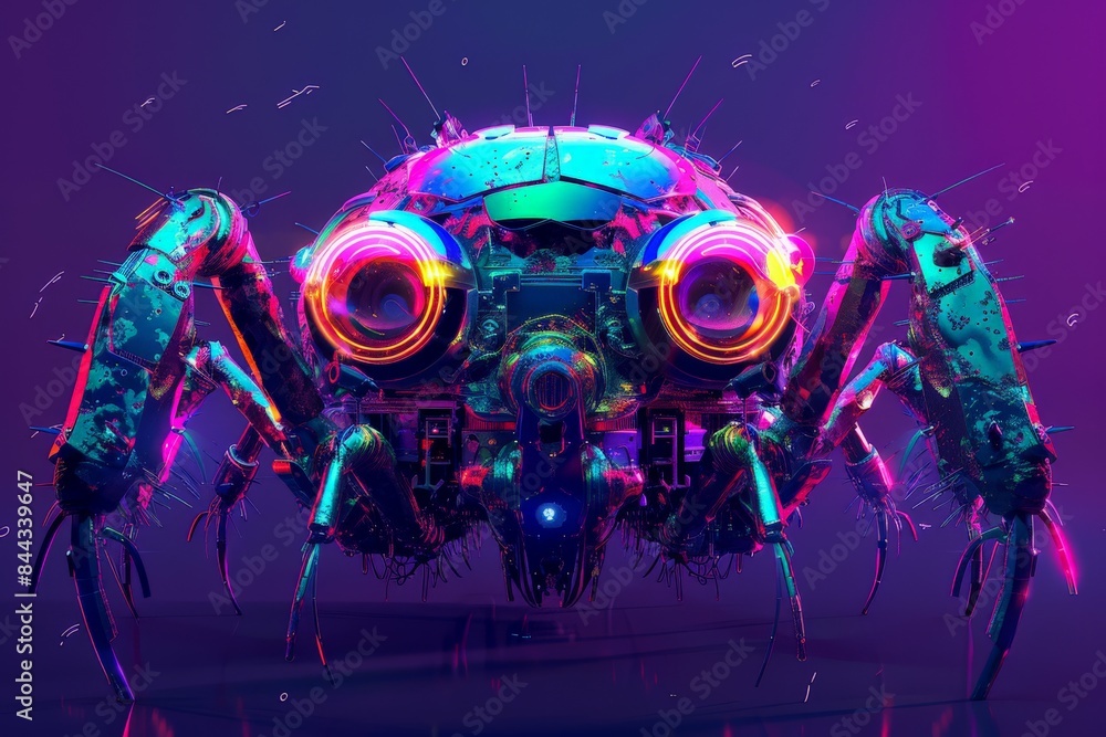 A futuristic depiction of a cybernetic spider with vibrant neon lights, showcasing a creative tech design A futuristic depiction of a cybernetic spider with vibrant neon lights, showcasing a creative tech design