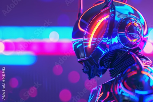 A side profile image of a futuristic robot head against a blurred background with intense neon lighting effects © ChaoticMind