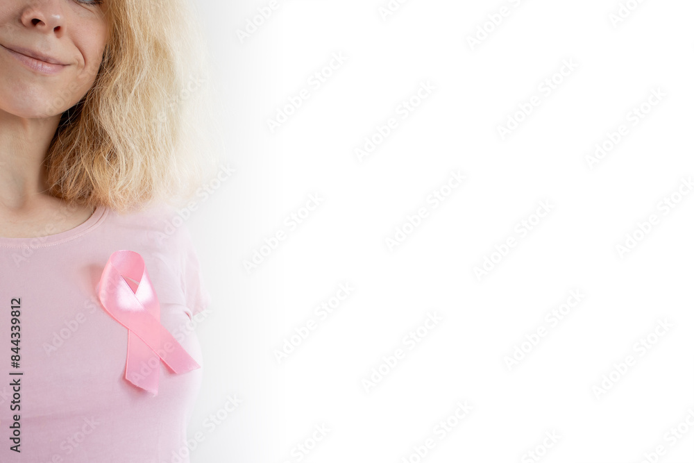 breast cancer, woman with pink ribbon symbol, disease prevention and treatment support, white background breast cancer, woman with pink ribbon symbol, disease prevention and treatment support, white background