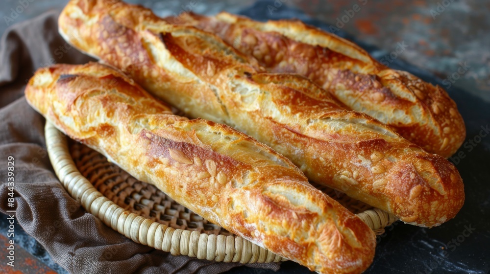 Baguettes: A selection of freshly baked baguettes arranged in a wicker basket. Traditional French bread. Baguettes: A selection of freshly baked baguettes arranged in a wicker basket. Traditional French bread.