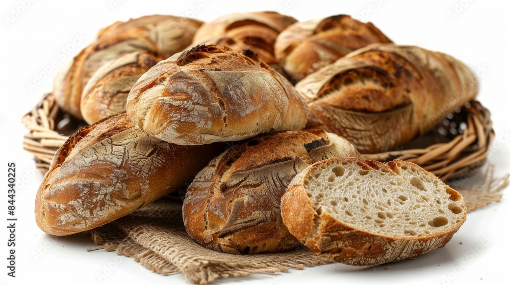 Baguettes: A selection of freshly baked baguettes arranged in a wicker basket. Traditional French bread. Baguettes: A selection of freshly baked baguettes arranged in a wicker basket. Traditional French bread.