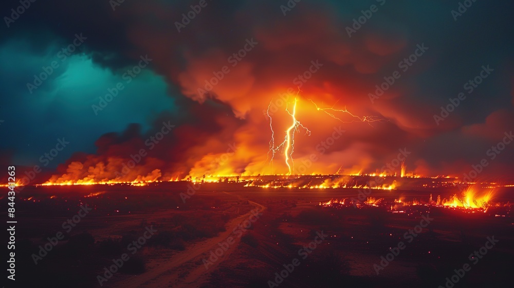 A lightning bolt strikes the ground igniting a raging wildfire that consumes everything in its path
