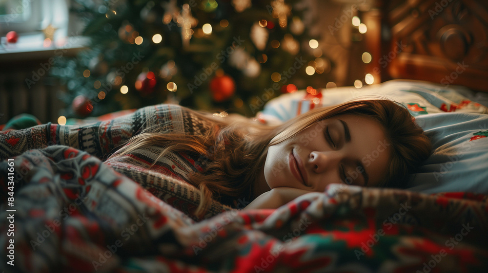 A young woman lying in bed with a serene expression, bathed in the warm glow of a Christmas tree, dreaming of festive presents. Ai generated A young woman lying in bed with a serene expression, bathed in the warm glow of a Christmas tree, dreaming of festive presents. Ai generated