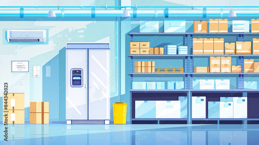 An industrial food storage room with a large freezer unit and shelves stacked with boxes An industrial food storage room with a large freezer unit and shelves stacked with boxes